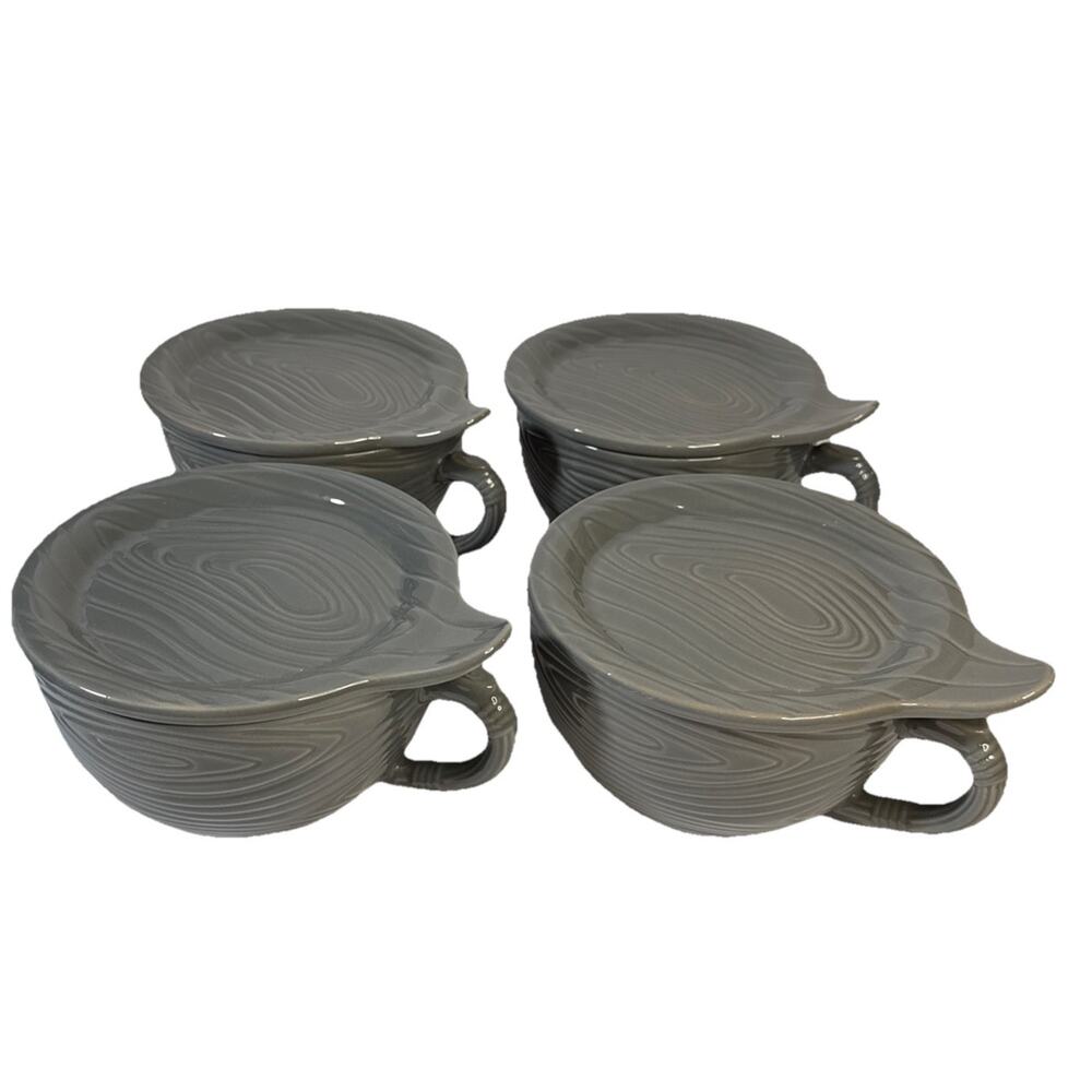 Temp-tations 8 piece Woodland 20 oz. Soup Mug & Sandwich Plate - Gray - LN